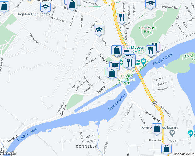 map of restaurants, bars, coffee shops, grocery stores, and more near 35 Hone Street in Kingston