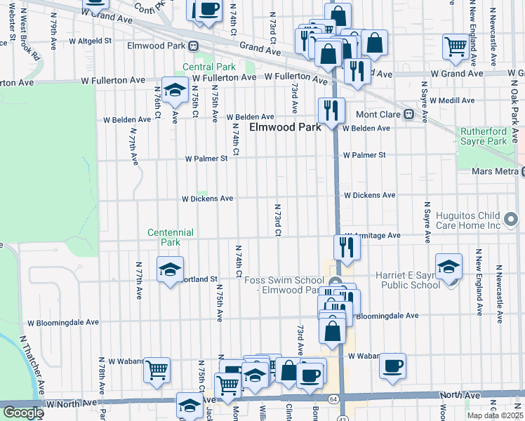 map of restaurants, bars, coffee shops, grocery stores, and more near 2033 North 74th Avenue in Elmwood Park