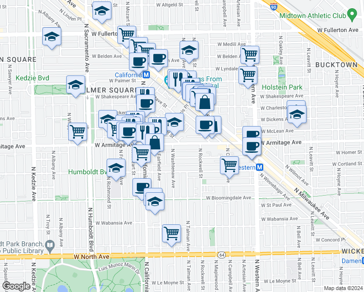 map of restaurants, bars, coffee shops, grocery stores, and more near 2641 West Armitage Avenue in Chicago