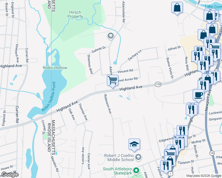 map of restaurants, bars, coffee shops, grocery stores, and more near 369 Highland Avenue in Attleboro