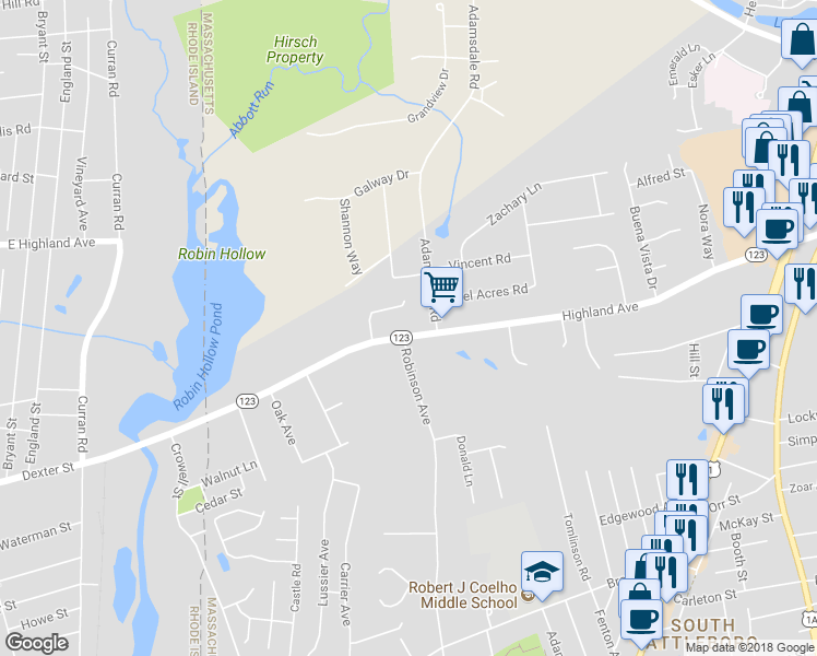 map of restaurants, bars, coffee shops, grocery stores, and more near 369 Highland Avenue in Attleboro