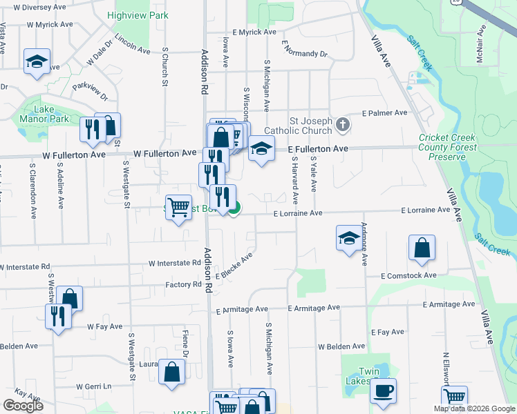 map of restaurants, bars, coffee shops, grocery stores, and more near 142 East Lorraine Avenue in Addison