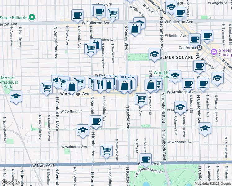map of restaurants, bars, coffee shops, grocery stores, and more near West Armitage Avenue & North Sawyer Avenue in Chicago