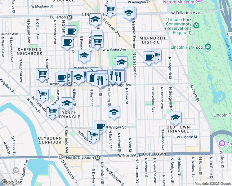 map of restaurants, bars, coffee shops, grocery stores, and more near 1944 North Orchard Street in Chicago