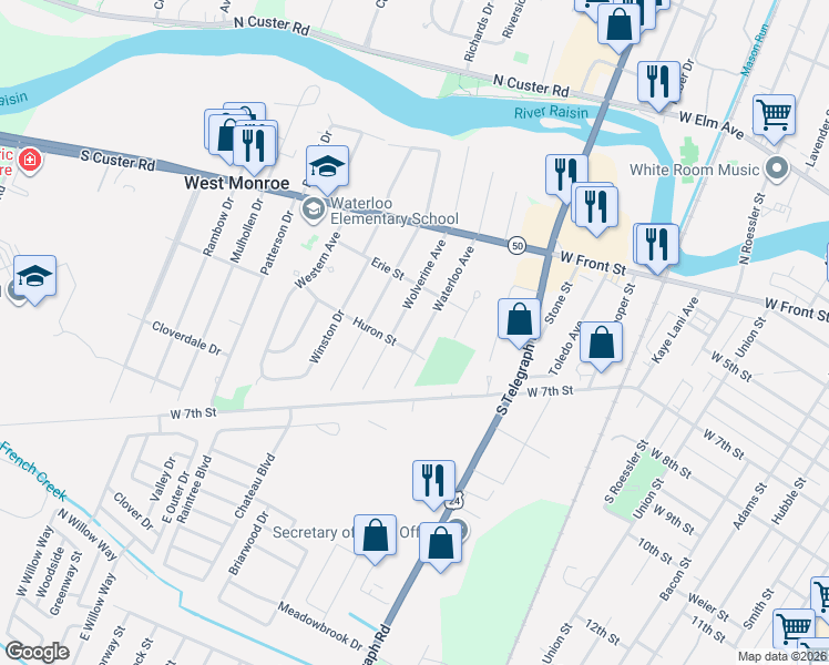 map of restaurants, bars, coffee shops, grocery stores, and more near 839 Wolverine Avenue in Monroe