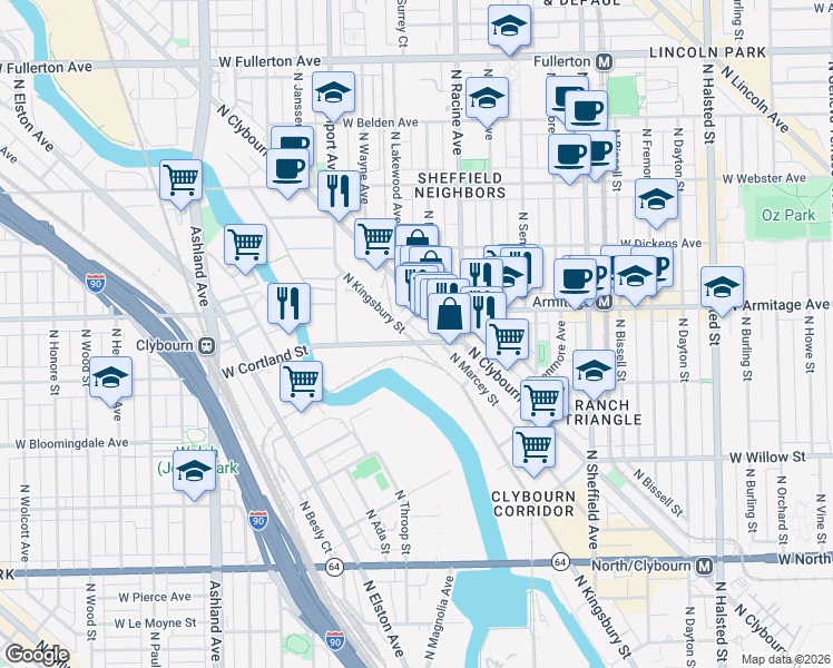map of restaurants, bars, coffee shops, grocery stores, and more near 2000 North Clybourn Avenue in Chicago