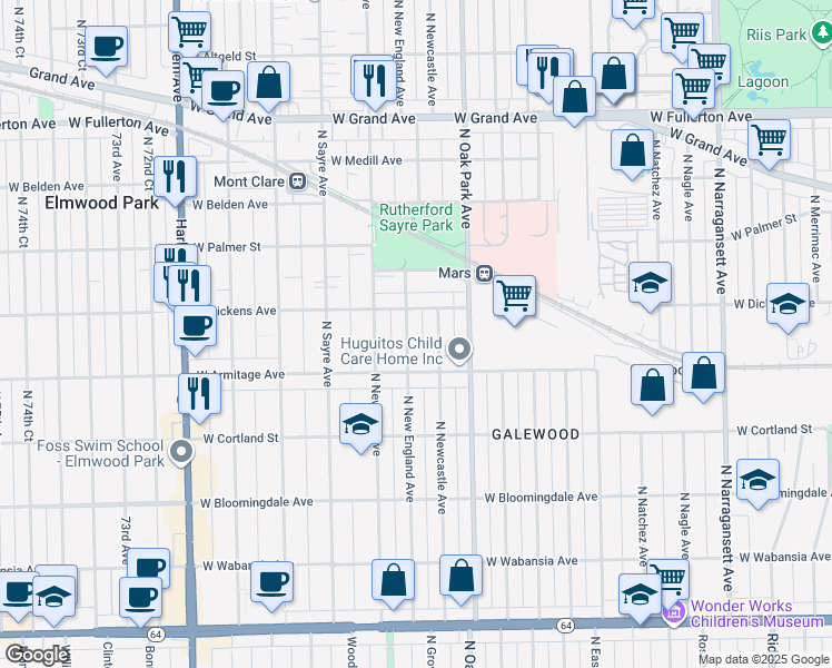 map of restaurants, bars, coffee shops, grocery stores, and more near 2042 North Newcastle Avenue in Chicago