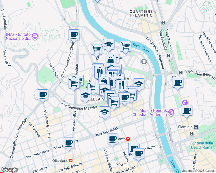 map of restaurants, bars, coffee shops, grocery stores, and more near 11 Via Col di Lana in Roma