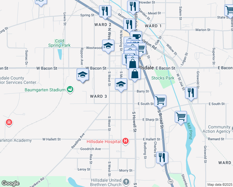 map of restaurants, bars, coffee shops, grocery stores, and more near 14 Barry Street in Hillsdale