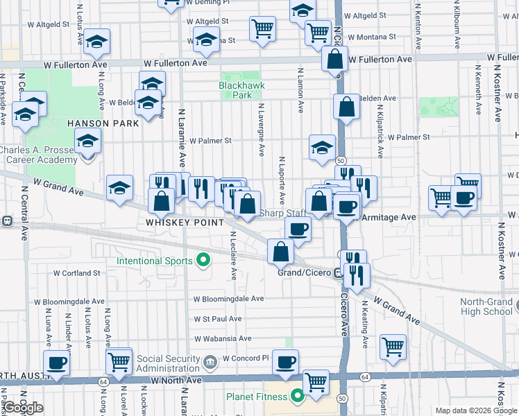 map of restaurants, bars, coffee shops, grocery stores, and more near 2014 North Lavergne Avenue in Chicago