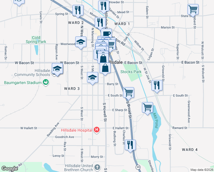 map of restaurants, bars, coffee shops, grocery stores, and more near 62 Barry Street in Hillsdale