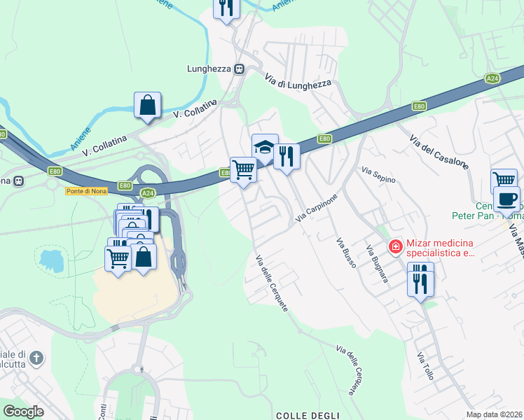 map of restaurants, bars, coffee shops, grocery stores, and more near 11 Via Carlo Roncoroni in Roma