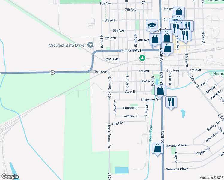 map of restaurants, bars, coffee shops, grocery stores, and more near 1215 Avenue B in Rochelle