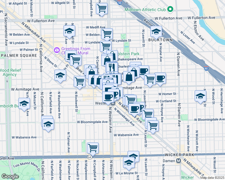 map of restaurants, bars, coffee shops, grocery stores, and more near 1959 North Western Avenue in Chicago