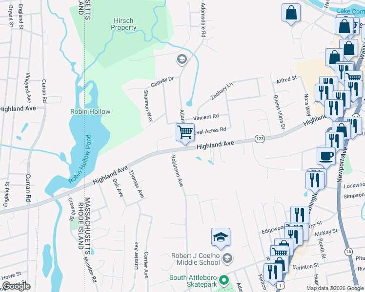 map of restaurants, bars, coffee shops, grocery stores, and more near 369 Highland Avenue in Attleboro
