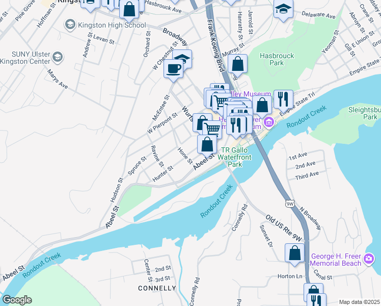 map of restaurants, bars, coffee shops, grocery stores, and more near 78 Hunter Street in Kingston