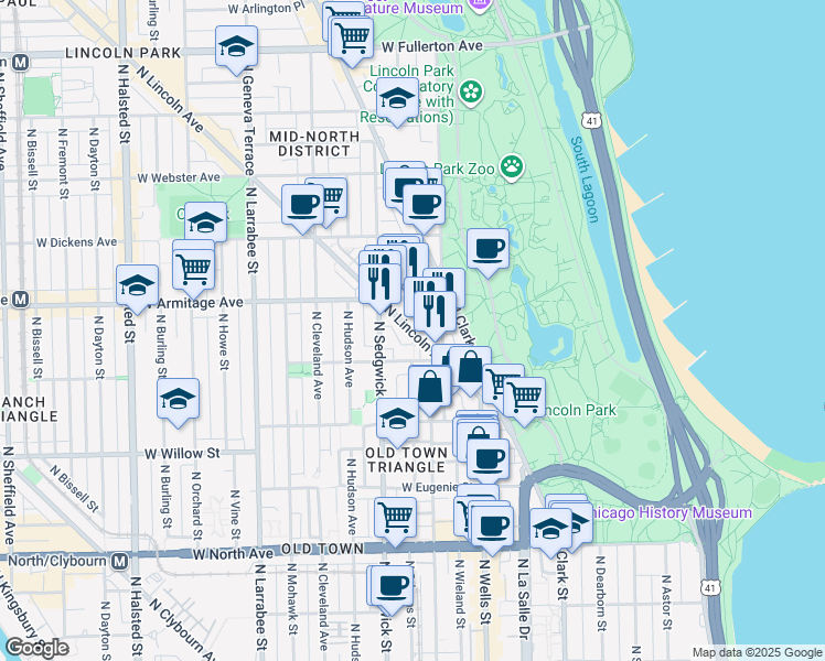 map of restaurants, bars, coffee shops, grocery stores, and more near 1939 North Lincoln Avenue in Chicago