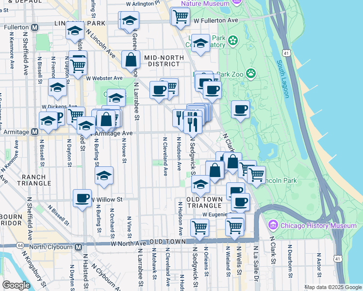 map of restaurants, bars, coffee shops, grocery stores, and more near 1932 North Hudson Avenue in Chicago