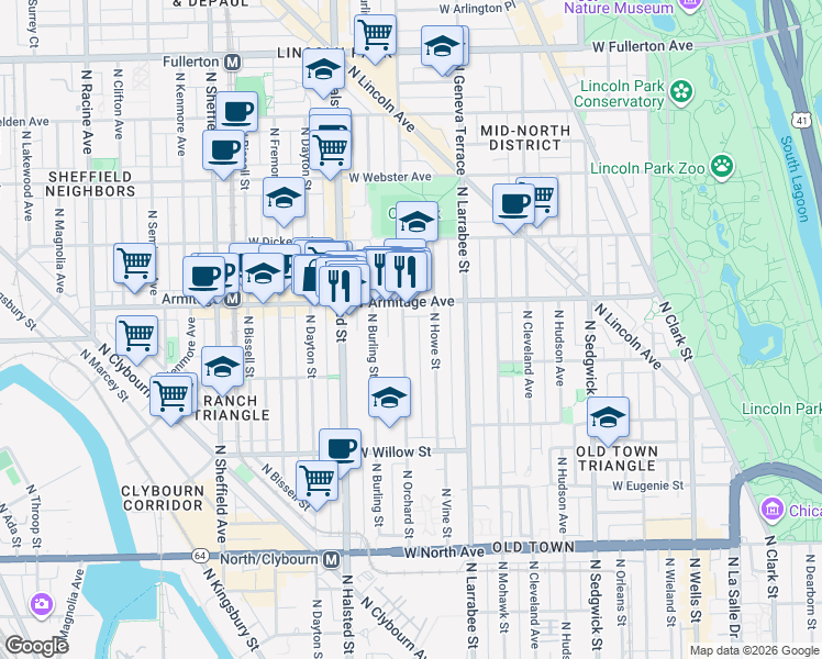 map of restaurants, bars, coffee shops, grocery stores, and more near 1950 North Orchard Street in Chicago