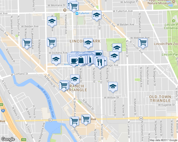 map of restaurants, bars, coffee shops, grocery stores, and more near 1948 North Fremont Street in Chicago