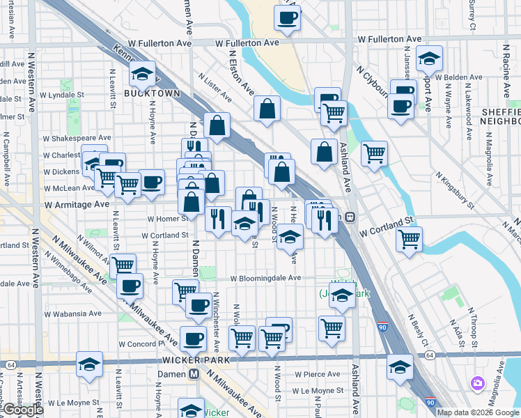 map of restaurants, bars, coffee shops, grocery stores, and more near 1815 West Armitage Avenue in Chicago