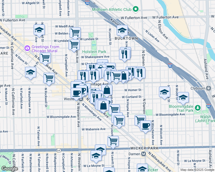 map of restaurants, bars, coffee shops, grocery stores, and more near 1955 North Leavitt Street in Chicago