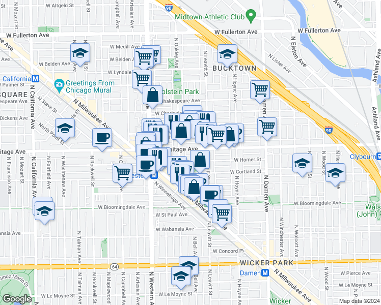 map of restaurants, bars, coffee shops, grocery stores, and more near 2237 West Armitage Avenue in Chicago