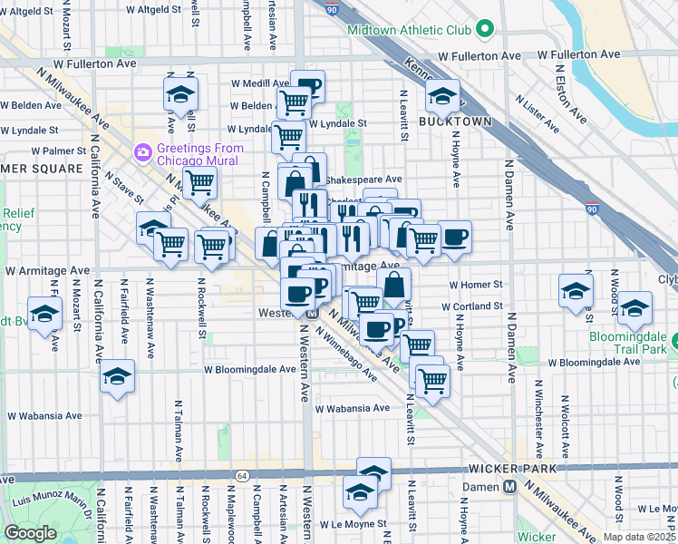 map of restaurants, bars, coffee shops, grocery stores, and more near 2313 West Armitage Avenue in Chicago