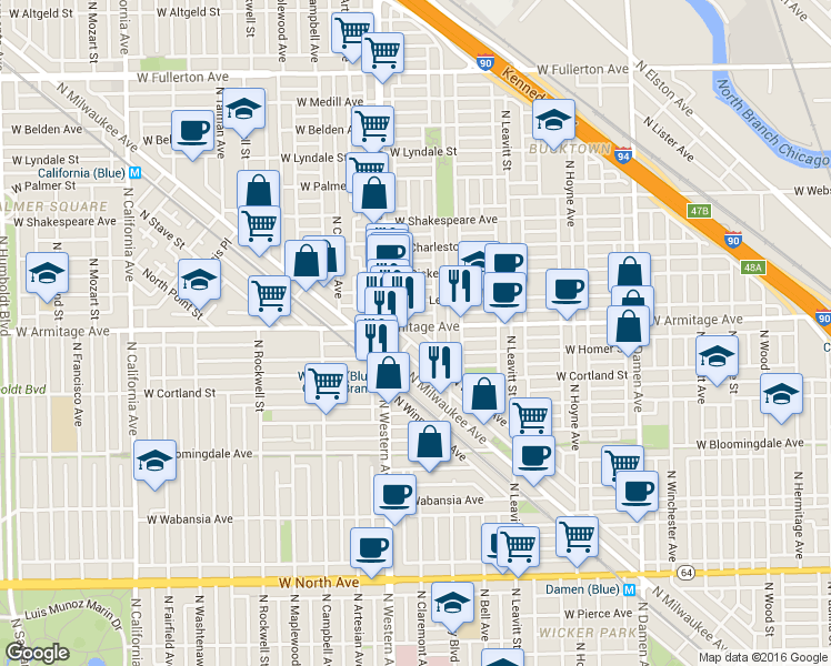 map of restaurants, bars, coffee shops, grocery stores, and more near 2313 West Armitage Avenue in Chicago