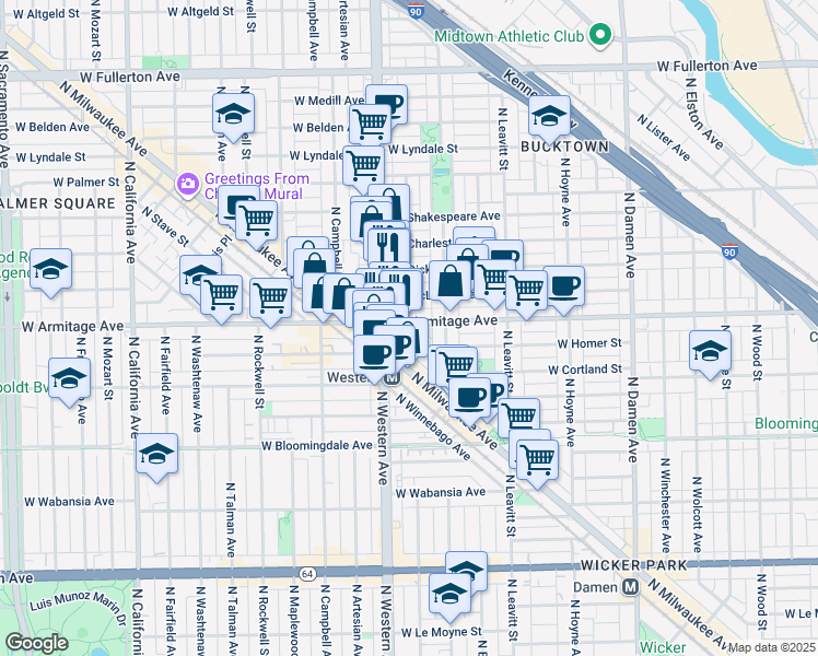 map of restaurants, bars, coffee shops, grocery stores, and more near 1959 North Western Avenue in Chicago