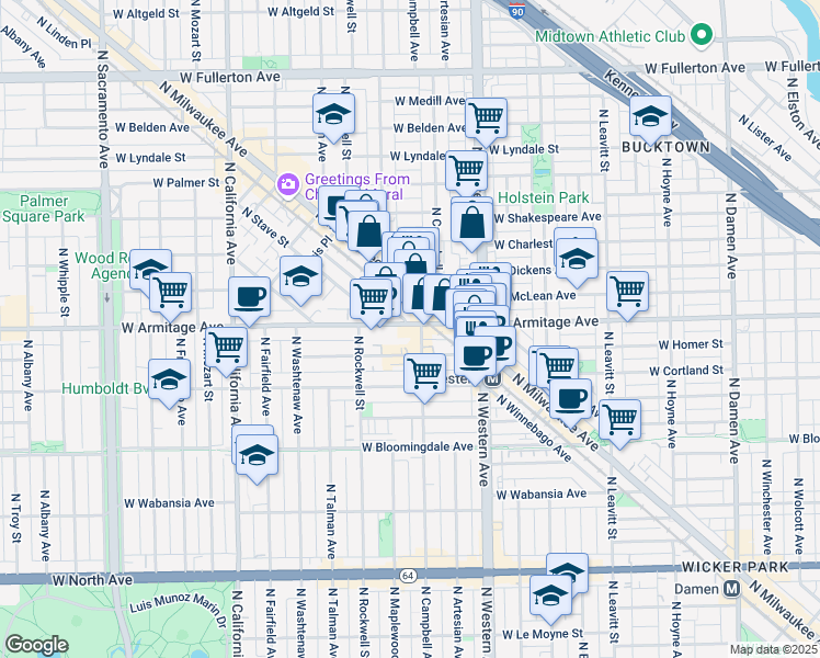 map of restaurants, bars, coffee shops, grocery stores, and more near 2464 West Armitage Avenue in Chicago