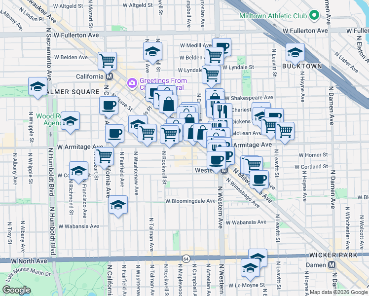 map of restaurants, bars, coffee shops, grocery stores, and more near 1950 North Campbell Avenue in Chicago