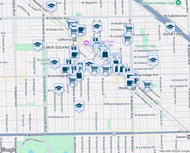 map of restaurants, bars, coffee shops, grocery stores, and more near 2617 West Armitage Avenue in Chicago