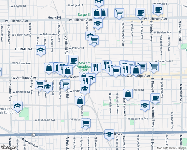 map of restaurants, bars, coffee shops, grocery stores, and more near 3780 West Armitage Avenue in Chicago