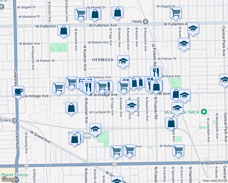 map of restaurants, bars, coffee shops, grocery stores, and more near 4210 West Armitage Avenue in Chicago