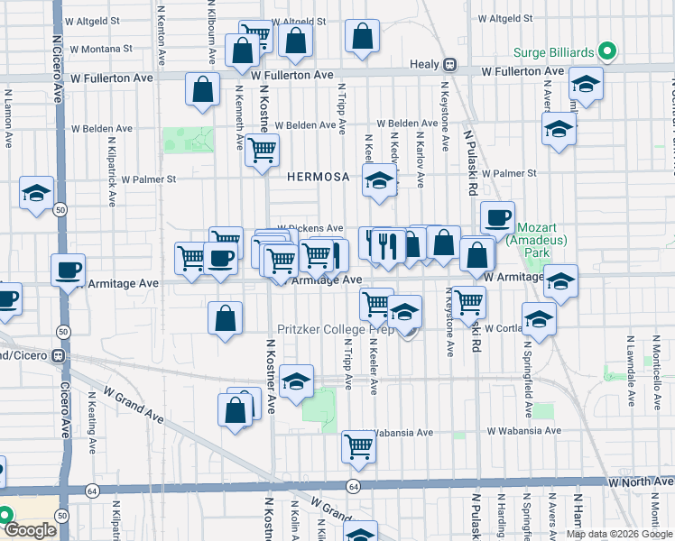 map of restaurants, bars, coffee shops, grocery stores, and more near 4254 West Armitage Avenue in Chicago