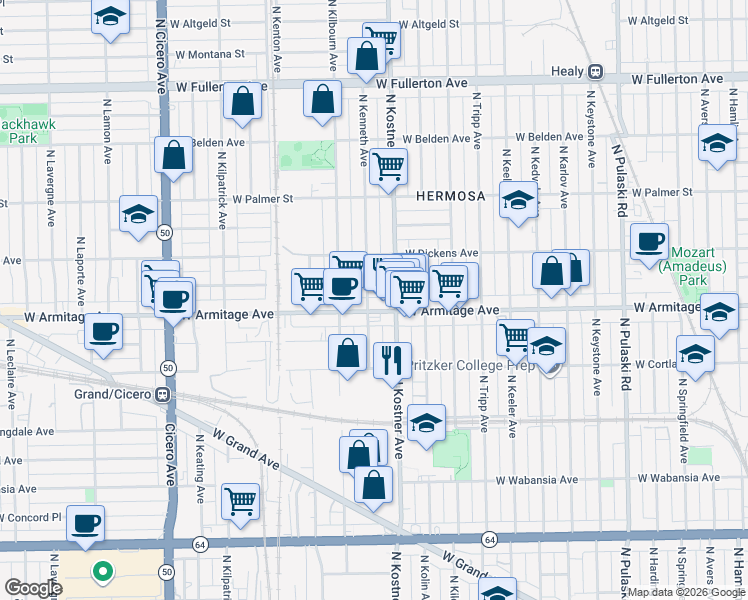map of restaurants, bars, coffee shops, grocery stores, and more near 2014 North Kenneth Avenue in Chicago