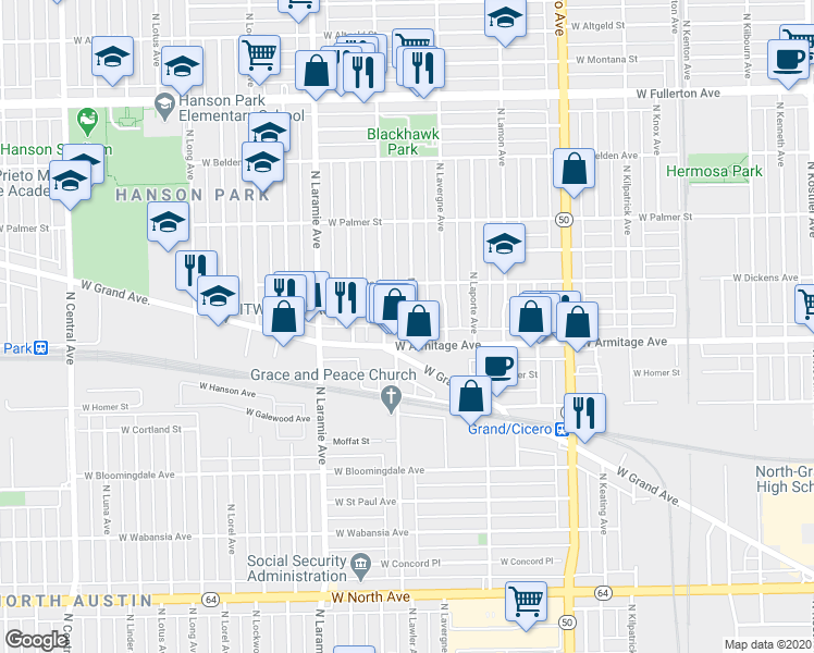 map of restaurants, bars, coffee shops, grocery stores, and more near in Chicago