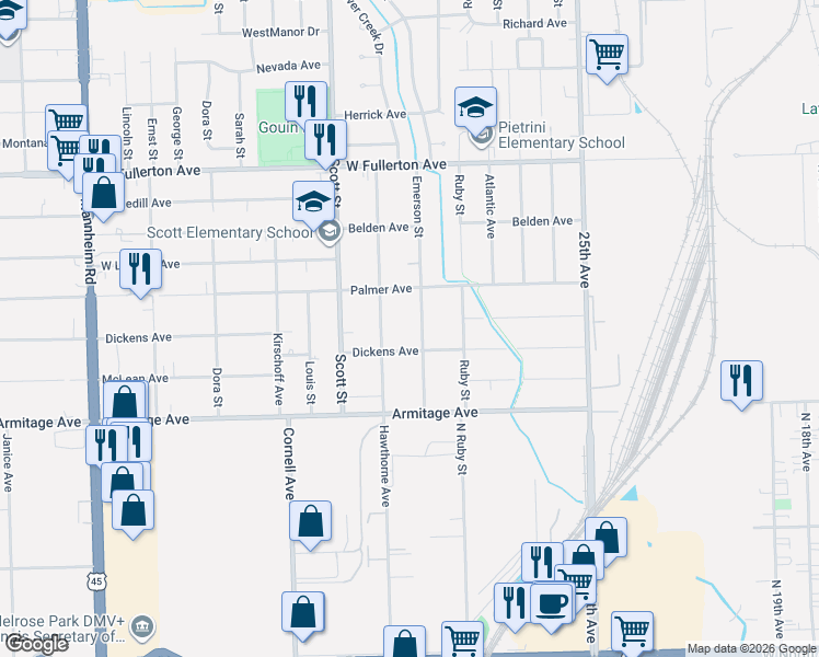map of restaurants, bars, coffee shops, grocery stores, and more near 2120 Emerson Street in Melrose Park