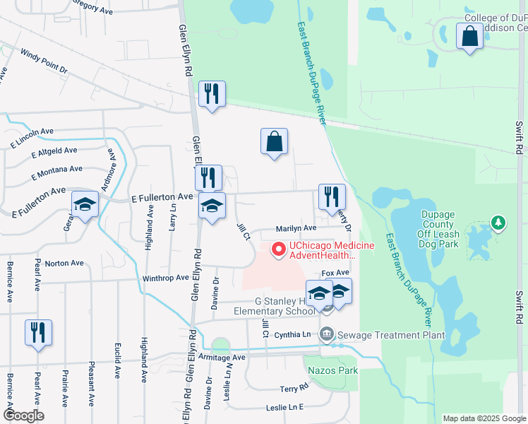 map of restaurants, bars, coffee shops, grocery stores, and more near 680 Marilyn Avenue in Glendale Heights