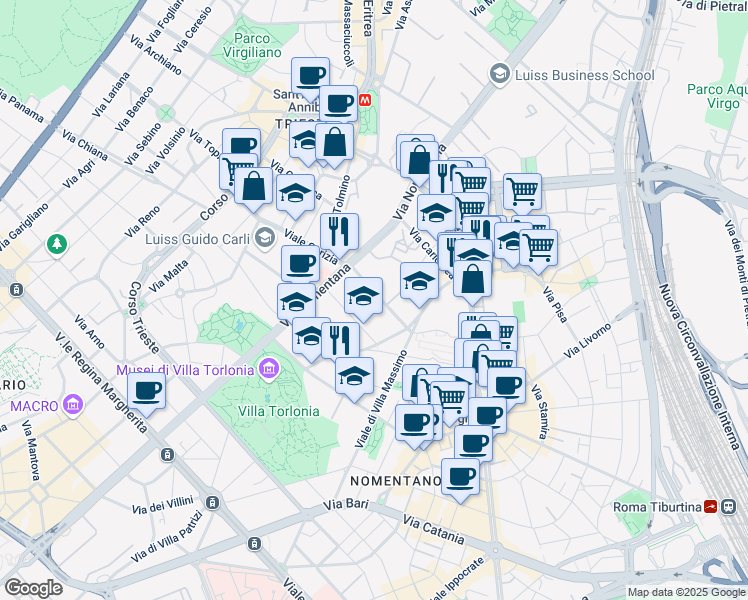 map of restaurants, bars, coffee shops, grocery stores, and more near 12 Via Antonio Nibby in Roma