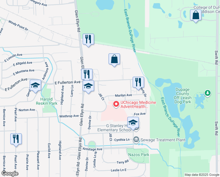 map of restaurants, bars, coffee shops, grocery stores, and more near 680 Marilyn Avenue in Glendale Heights