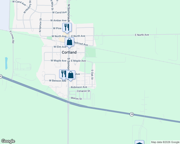 map of restaurants, bars, coffee shops, grocery stores, and more near 174 South Oak Street in Cortland
