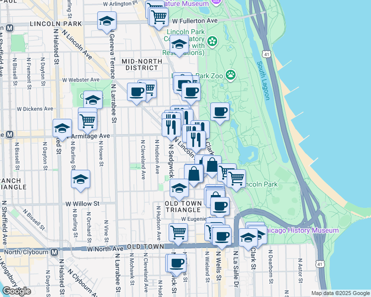 map of restaurants, bars, coffee shops, grocery stores, and more near 1939 North Lincoln Avenue in Chicago