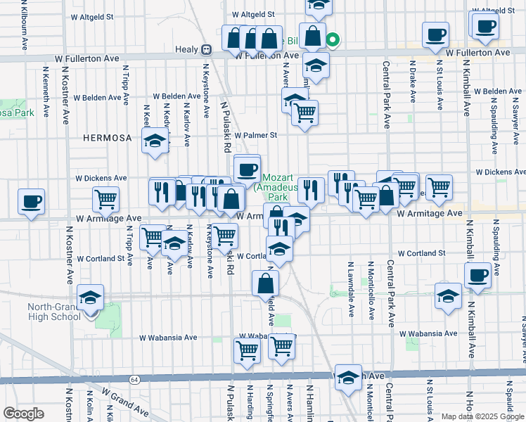 map of restaurants, bars, coffee shops, grocery stores, and more near 3904 West Armitage Avenue in Chicago