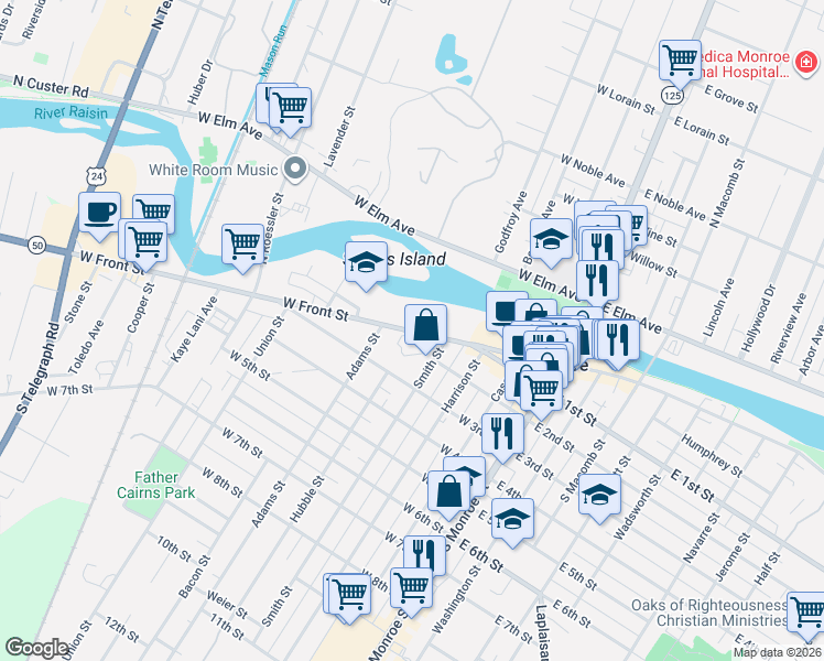 map of restaurants, bars, coffee shops, grocery stores, and more near 408 East Front Street in Monroe