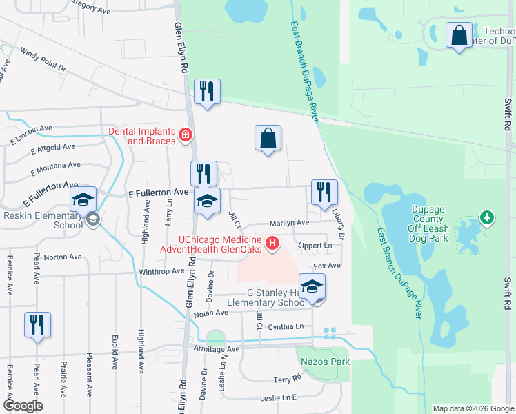 map of restaurants, bars, coffee shops, grocery stores, and more near 680 Marilyn Avenue in Glendale Heights