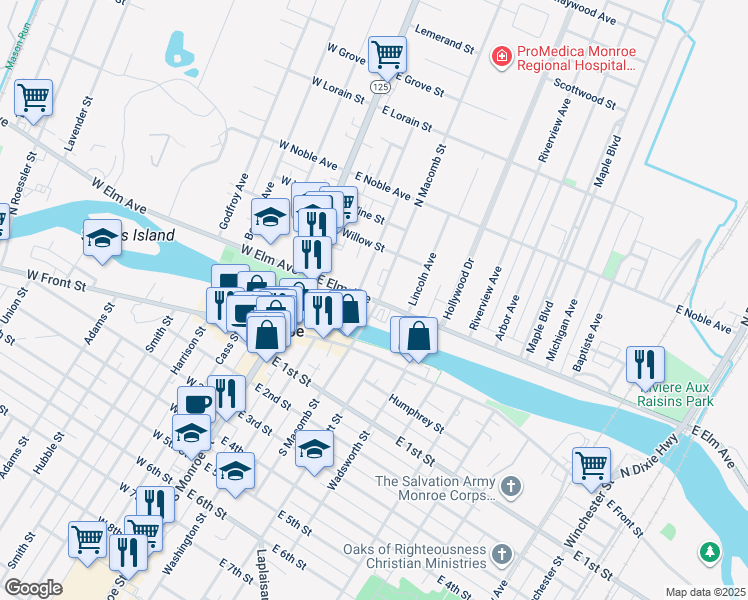 map of restaurants, bars, coffee shops, grocery stores, and more near 125 East Elm Avenue in Monroe