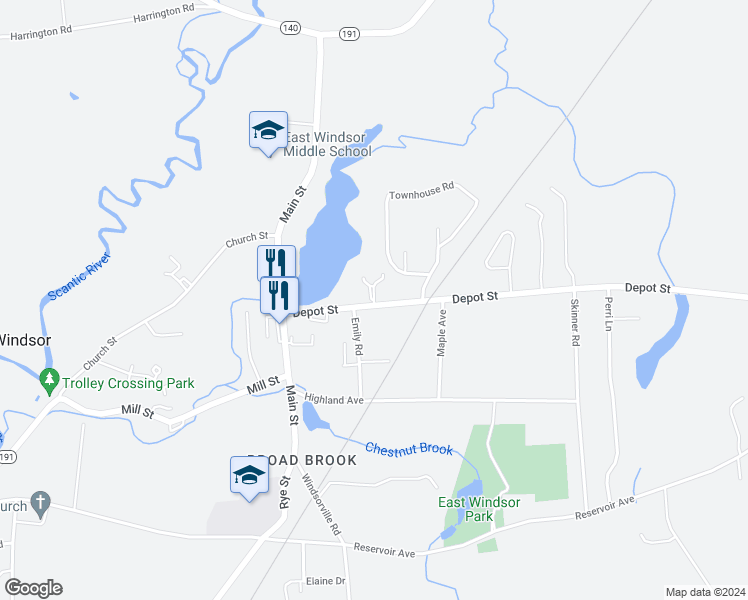 map of restaurants, bars, coffee shops, grocery stores, and more near 46 Pond Street in East Windsor