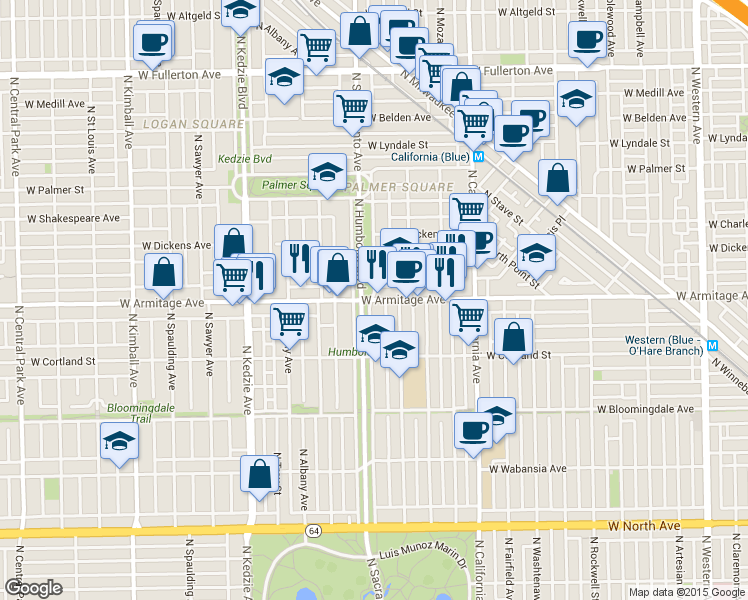 map of restaurants, bars, coffee shops, grocery stores, and more near 2959 West Armitage Avenue in Chicago